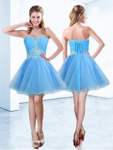 Fantastic Blue Organza Lace Up Prom Dress Sleeveless Mini Length Beading and Ruching