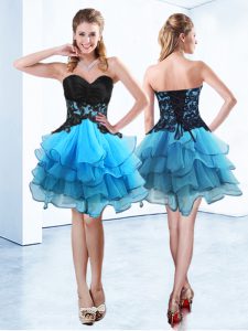 Enchanting Ruffled Ball Gowns Cocktail Dress Blue And Black Sweetheart Organza Sleeveless Mini Length Lace Up