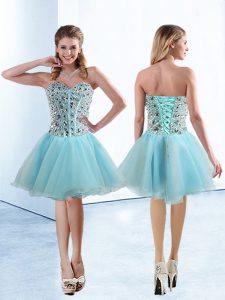 Customized Beading Prom Gown Light Blue Lace Up Sleeveless Knee Length