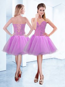 Colorful Sleeveless Organza Knee Length Lace Up Club Wear in Lilac with Beading