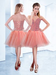Tulle Sweetheart Sleeveless Lace Up Beading Prom Dress in Peach