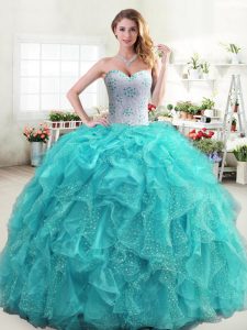 Stylish Aqua Blue Sleeveless Organza Lace Up Quinceanera Gown for Military Ball and Sweet 16 and Quinceanera