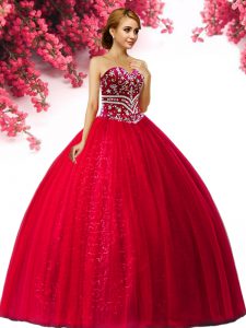 Red Sleeveless Floor Length Beading Lace Up Sweet 16 Dresses