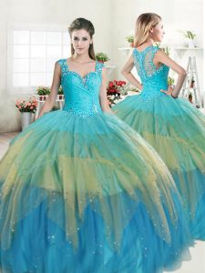 Flirting Multi-color Ball Gowns Straps Sleeveless Tulle Floor Length Zipper Beading and Ruffled Layers Sweet 16 Dresses