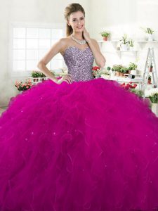 Fuchsia Sweetheart Lace Up Beading and Ruffles Quinceanera Dresses Sleeveless