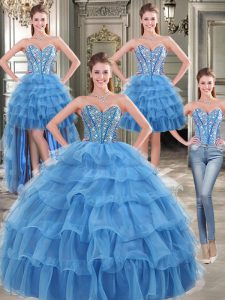 Four Piece Ruffled Floor Length Ball Gowns Sleeveless Blue Ball Gown Prom Dress Lace Up