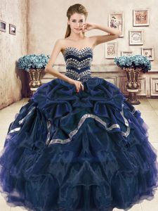 Navy Blue and Purple Organza Lace Up Sweetheart Sleeveless Floor Length 15 Quinceanera Dress Beading and Ruffled Layers 