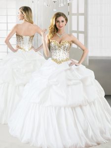 Sexy White Taffeta Lace Up Quinceanera Dresses Sleeveless Floor Length Beading and Pick Ups