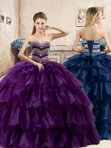 Modest Ruffled Floor Length Ball Gowns Sleeveless Purple 15th Birthday Dress Lace Up
