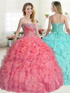 Watermelon Red Sleeveless Floor Length Beading and Ruffles Lace Up Quinceanera Gowns