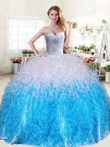Blue And White Sleeveless Organza Lace Up Quinceanera Dress for Military Ball and Sweet 16 and Quinceanera