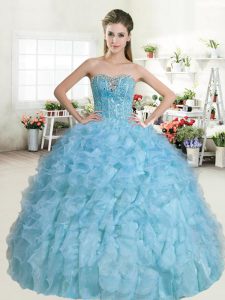 Ideal Baby Blue Sleeveless Floor Length Beading and Ruffles Lace Up Sweet 16 Dresses