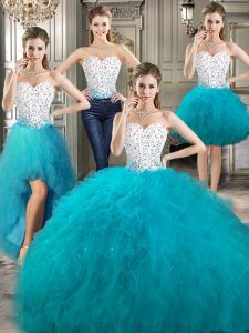 Custom Design Four Piece Tulle Sweetheart Sleeveless Lace Up Beading and Ruffles 15th Birthday Dress in White and Teal