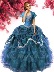 Pick Ups Teal Sleeveless Organza and Taffeta Lace Up Quinceanera Gowns for Military Ball and Sweet 16 and Quinceanera