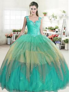 Straps Ruffled Multi-color Sleeveless Tulle Zipper Sweet 16 Quinceanera Dress for Military Ball and Sweet 16 and Quincea