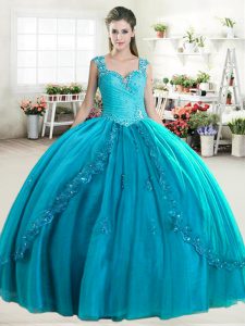 Affordable Teal Sleeveless Tulle Zipper Quinceanera Dresses for Military Ball and Sweet 16 and Quinceanera