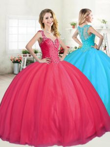 Coral Red Tulle Zipper Straps Sleeveless Floor Length Quinceanera Gown Beading