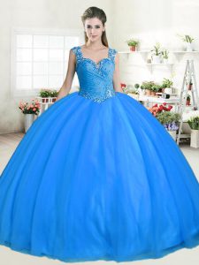 Customized Straps Floor Length Blue Quinceanera Gown Tulle Sleeveless Beading