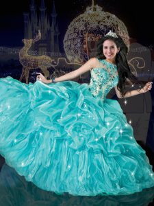 Fancy Floor Length Lace Up 15 Quinceanera Dress Aqua Blue for Military Ball and Sweet 16 and Quinceanera with Beading an