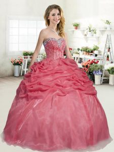 Fantastic Coral Red Sweetheart Neckline Beading and Pick Ups 15 Quinceanera Dress Sleeveless Lace Up