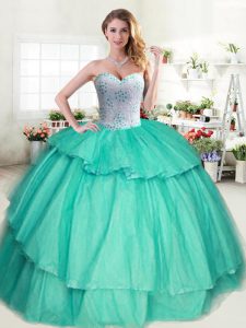 Apple Green Tulle Lace Up Sweetheart Sleeveless Floor Length Sweet 16 Dress Beading and Ruffled Layers