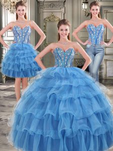 Chic Three Piece Blue Ball Gowns Beading and Ruffled Layers Quinceanera Dresses Lace Up Organza Sleeveless Floor Length