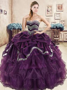 Eye-catching Purple Sweetheart Neckline Beading and Ruffled Layers and Pick Ups Sweet 16 Dress Sleeveless Lace Up