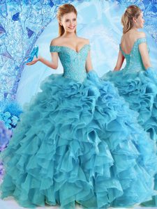 Cute Off the Shoulder Beading and Ruffles Sweet 16 Quinceanera Dress Baby Blue Lace Up Sleeveless Floor Length