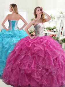 Floor Length Lace Up 15 Quinceanera Dress Hot Pink for Military Ball and Sweet 16 and Quinceanera with Beading and Ruffl