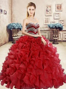 Smart Floor Length Red Quince Ball Gowns Organza Sleeveless Beading and Ruffles