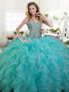 Dramatic Floor Length Lace Up Quinceanera Gown Turquoise for Military Ball and Sweet 16 and Quinceanera with Beading and