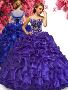 Fantastic Floor Length Purple 15 Quinceanera Dress Organza Sleeveless Beading and Ruffles
