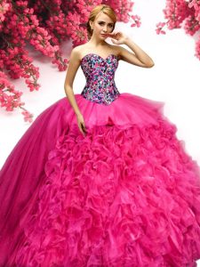 Best Selling Hot Pink Lace Up Sweet 16 Dresses Beading and Ruffles Sleeveless Floor Length