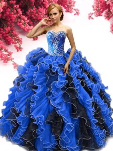 Blue And Black Sleeveless Beading and Ruffles Lace Up Quinceanera Dress
