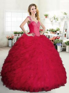 Coral Red Ball Gowns Straps Sleeveless Tulle Floor Length Zipper Beading and Ruffles Quince Ball Gowns