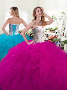 Flirting Tulle Sweetheart Sleeveless Lace Up Beading and Ruffles 15 Quinceanera Dress in Fuchsia