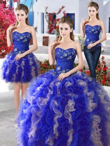 Clearance Three Piece Blue Sleeveless Organza Lace Up Quinceanera Dress for Military Ball and Sweet 16 and Quinceanera
