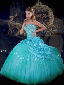 Blue Ball Gowns Beading and Pick Ups Quinceanera Dresses Lace Up Taffeta and Tulle Sleeveless Floor Length
