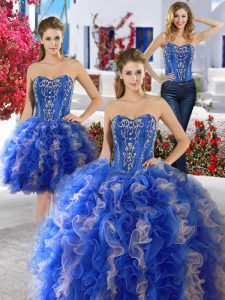 Dazzling Three Piece Floor Length Blue Quinceanera Dresses Organza Sleeveless Beading