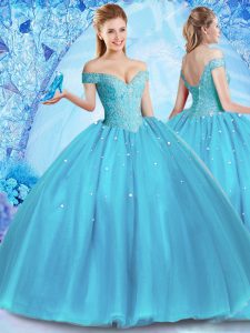Baby Blue Ball Gowns Tulle Off The Shoulder Sleeveless Beading Floor Length Lace Up Quinceanera Dresses