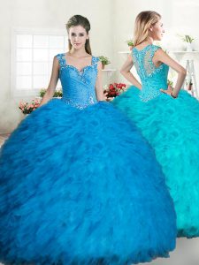Best Selling Blue Tulle Zipper Straps Sleeveless Floor Length 15th Birthday Dress Beading and Ruffles