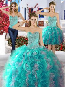 Best Selling Three Piece Multi-color Ball Gowns Sweetheart Sleeveless Organza Floor Length Lace Up Beading Quinceanera D