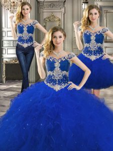 Three Piece Royal Blue Ball Gowns Tulle Off The Shoulder Sleeveless Beading and Ruffles Floor Length Lace Up 15 Quincean