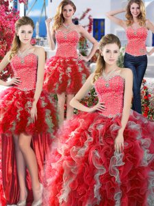Customized Four Piece White And Red Organza Lace Up Quinceanera Gowns Sleeveless Floor Length Beading