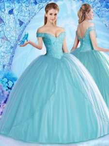 Luxurious Off the Shoulder Beading Quinceanera Dress Aqua Blue Lace Up Sleeveless Floor Length