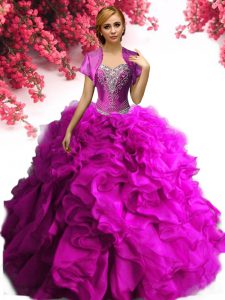 On Sale Fuchsia Ball Gowns Sweetheart Sleeveless Organza Floor Length Lace Up Beading and Ruffles 15th Birthday Dress