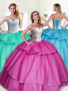 Luxury Fuchsia Ball Gowns Sweetheart Sleeveless Tulle Floor Length Lace Up Beading and Ruffled Layers 15 Quinceanera Dre