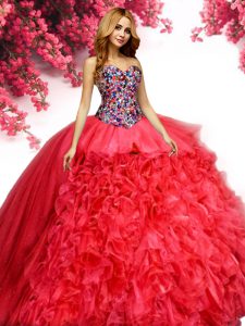 Noble Red Sleeveless Beading and Ruffles Floor Length 15 Quinceanera Dress