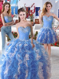 Amazing Three Piece Sweetheart Sleeveless Lace Up Quinceanera Dress Blue And White Organza