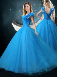 Free and Easy Blue V-neck Lace Up Appliques Sweet 16 Quinceanera Dress Cap Sleeves